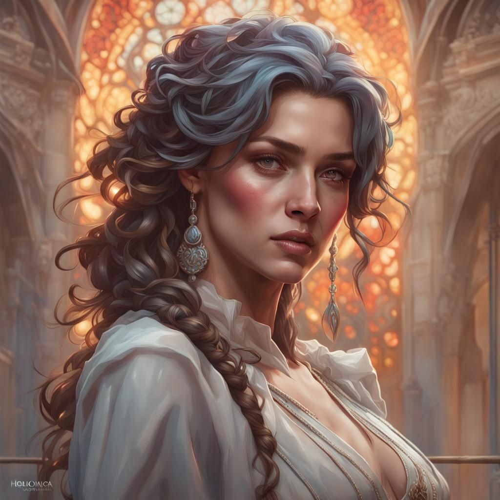 Portrait of Smiling Blonde in White, Digital Art