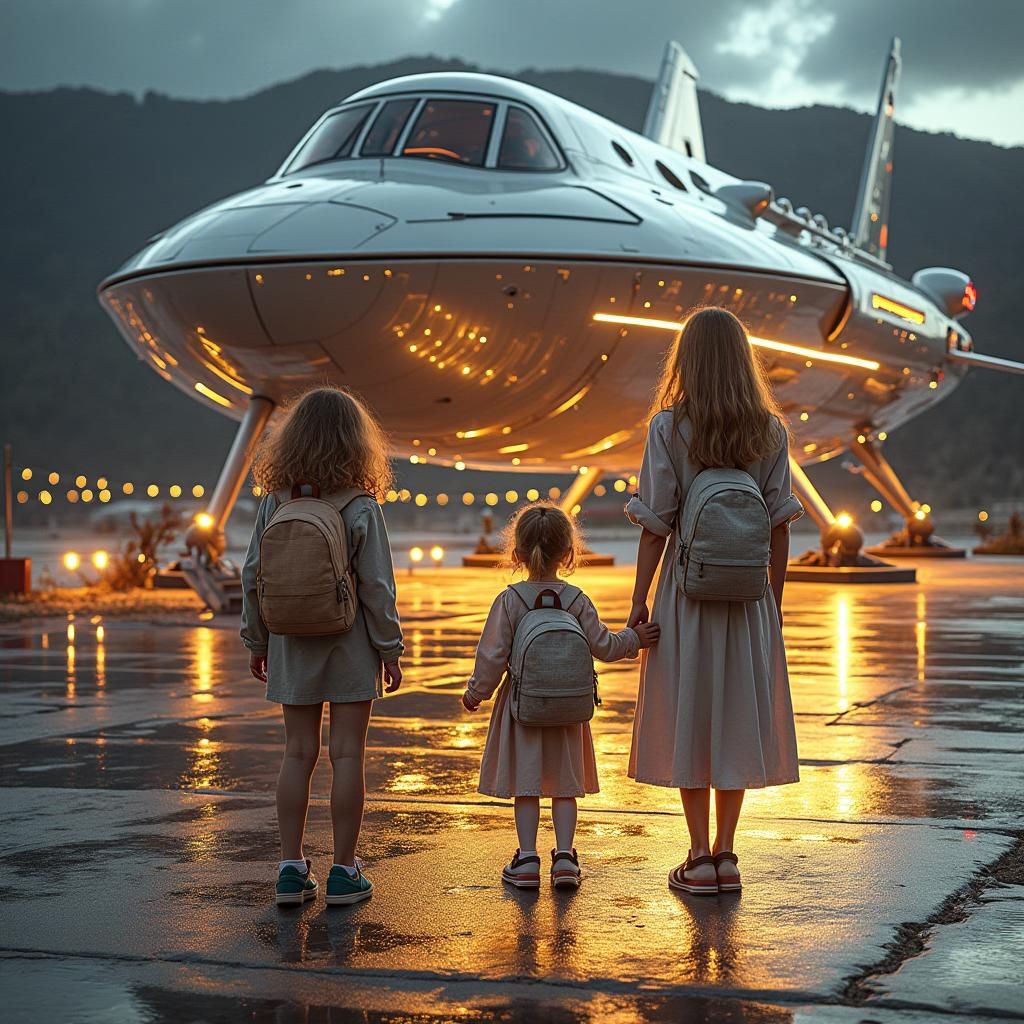 Girl and Mother at Spaceport Gaze at Starship