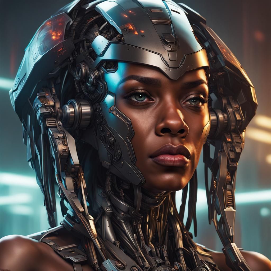 Black Women Confronting Robotic Predator: Hyperdetailed Port...