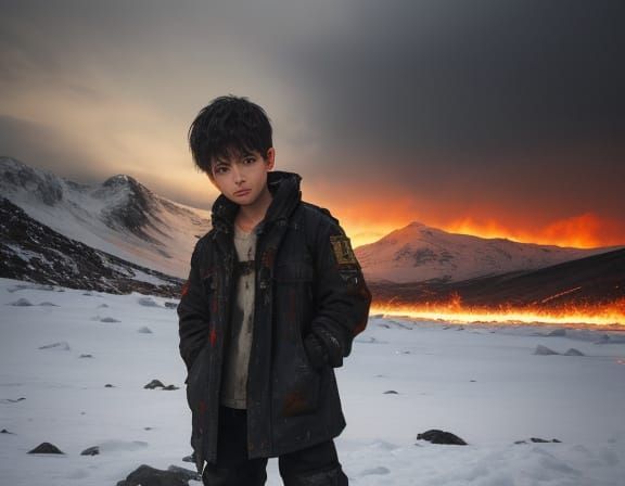 Boy Between Fire and Ice in Grunge Oil Painting Style