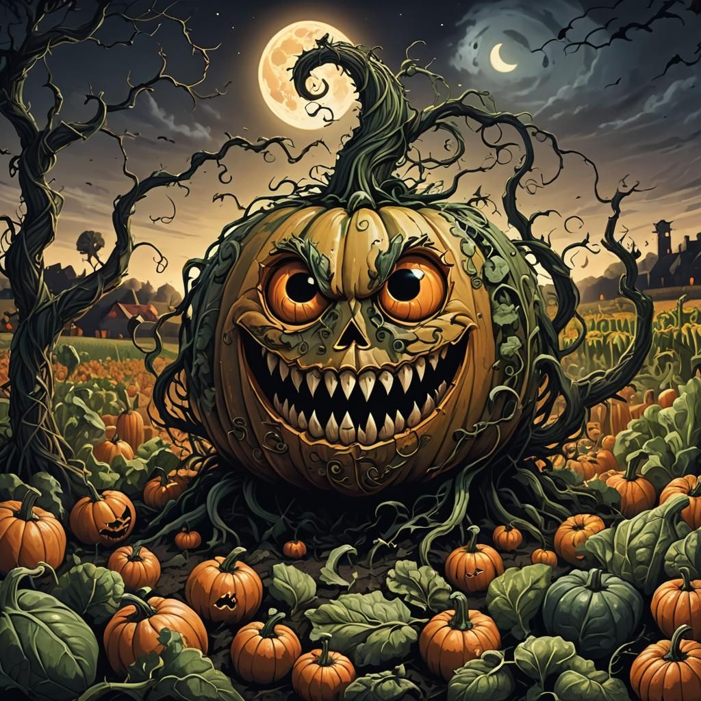 Eerie Pumpkin Smiles in Dark Fantasy Garden