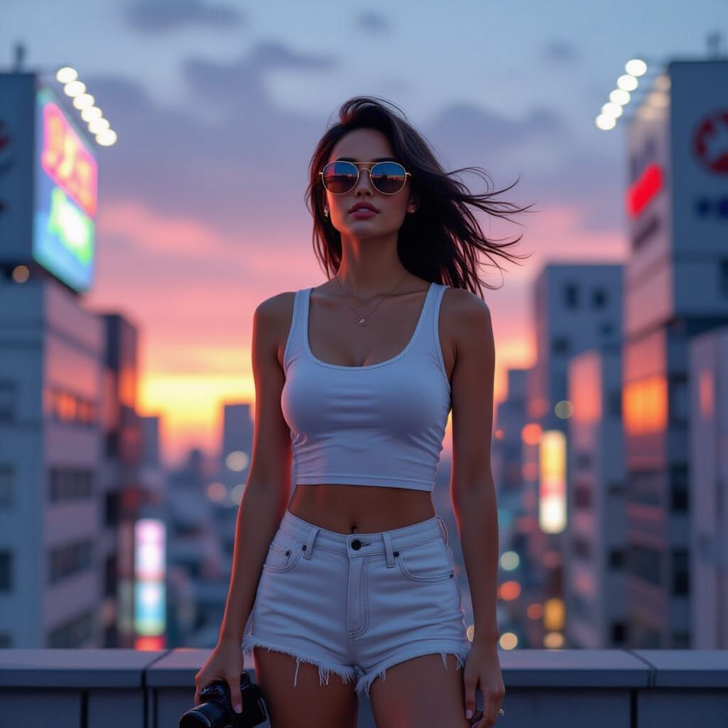 Woman on Tokyo Rooftop at Sunset in Hyperrealistic Style