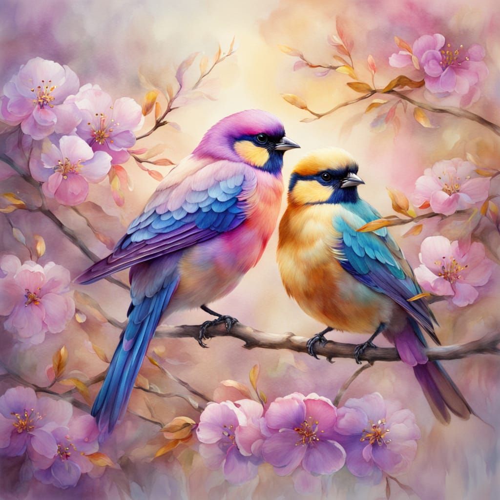 Two Vibrant Birds on Blossoming Tree Branch in Watercolor St...