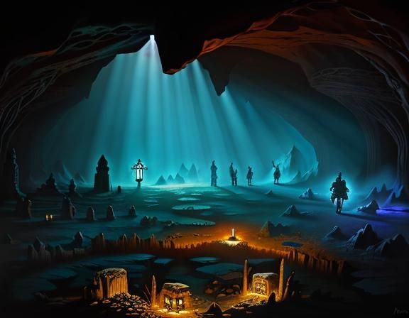 Mystical Ancient Cave Interior in Oil Painting Style