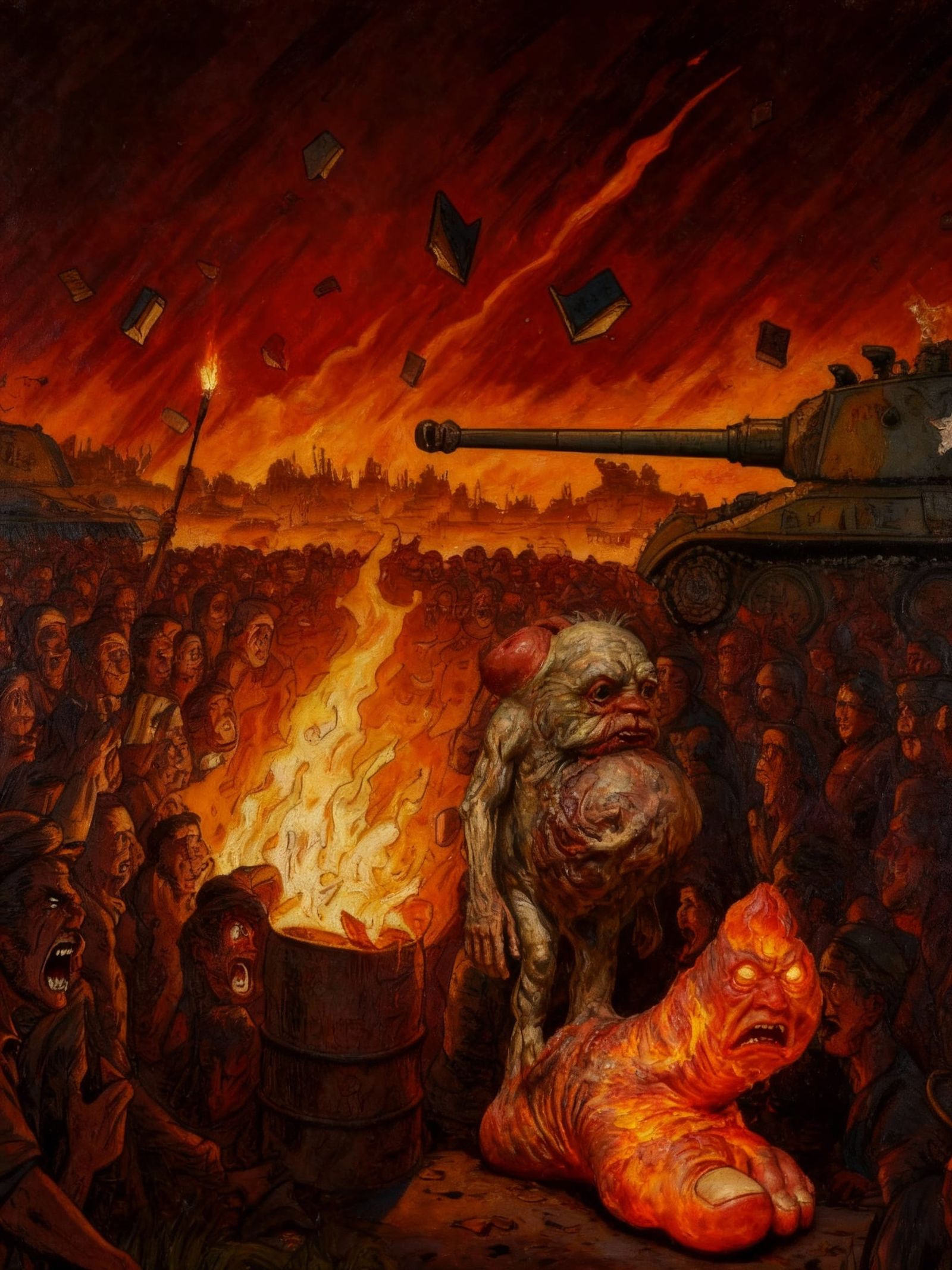 Surrealist Bunion Figure in Angry Book Burning Mob