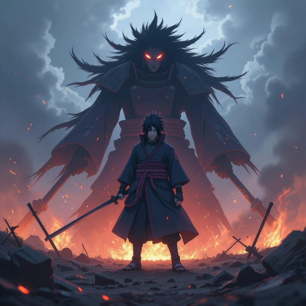 Madara Uchiha and Susanoo in a Ravaged Battlefield