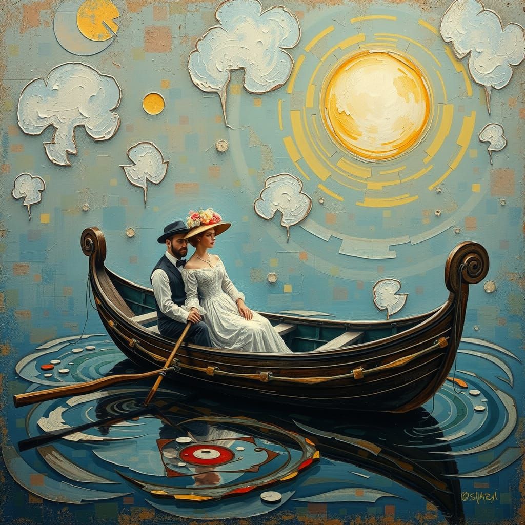 Victorian Couple in Rowboat: Neo-Impressionist Oil Painting