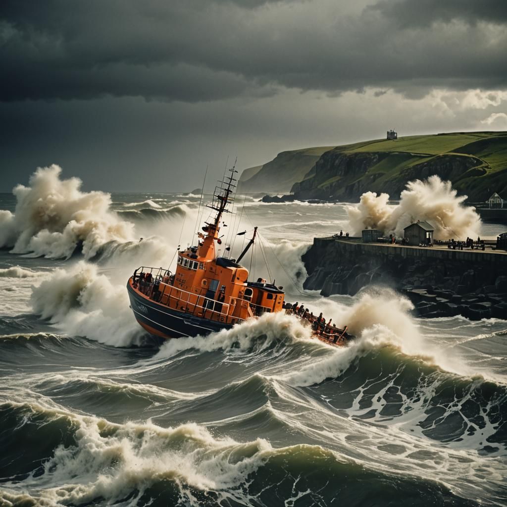 Dramatic 1940s Lifeboat Launch in Stormy Sea