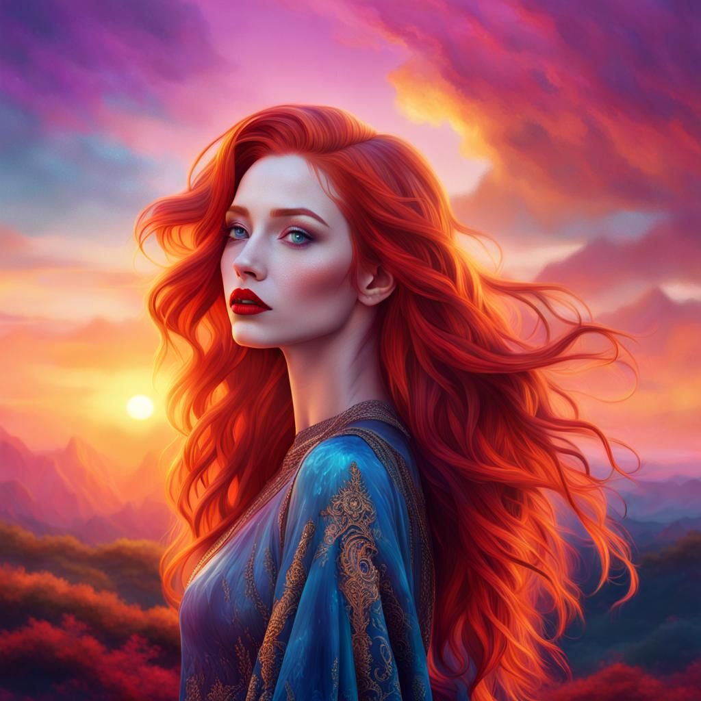 Red-Haired Woman in Dreamy Sunset Landscape