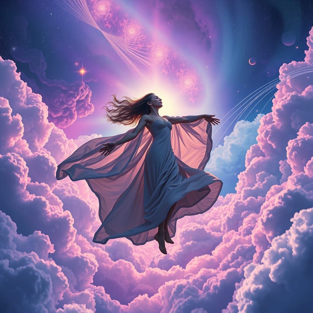 Woman Soaring Through Astral Plane in Dreamy Style