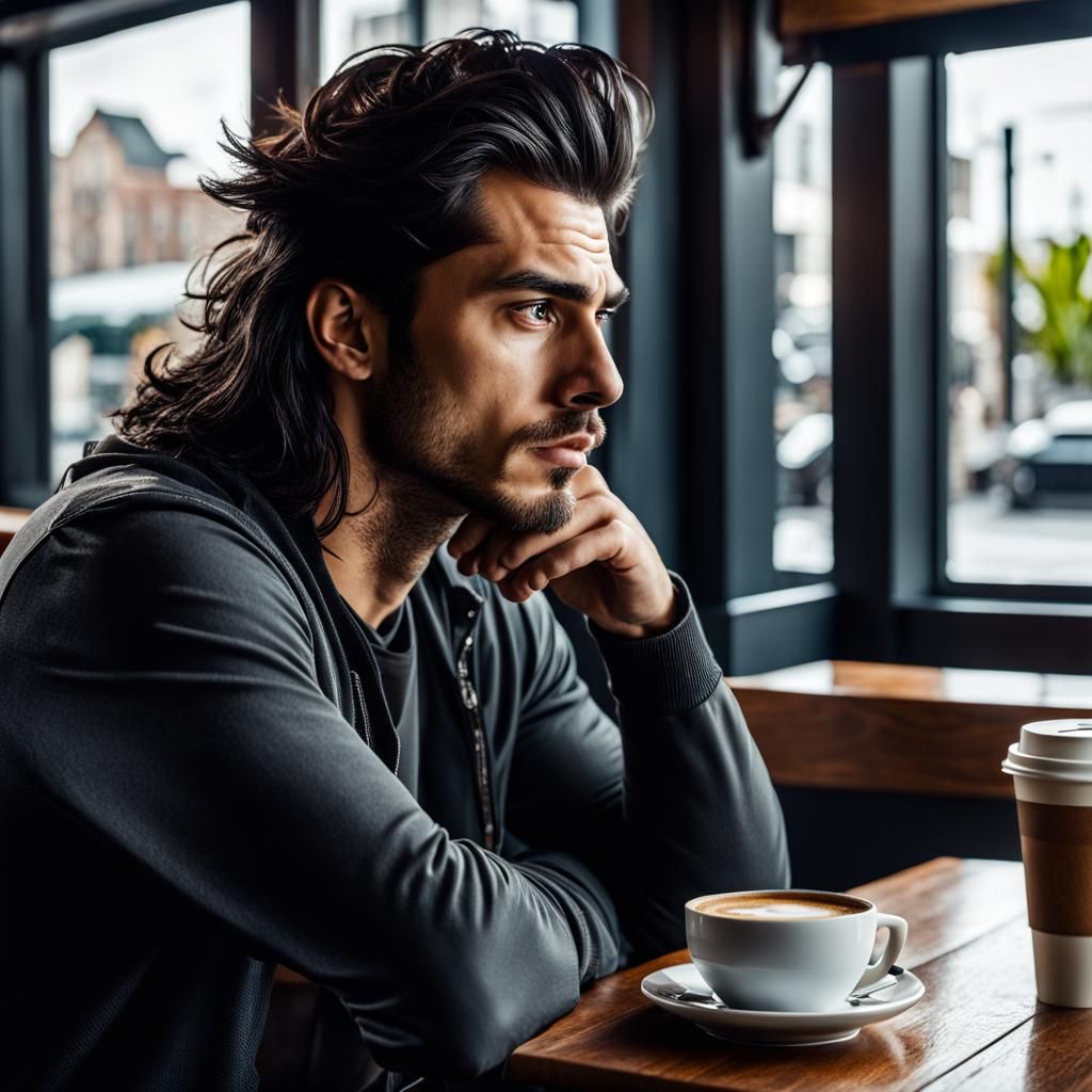 Sad Young Man in Cafe: Realistic High Definition