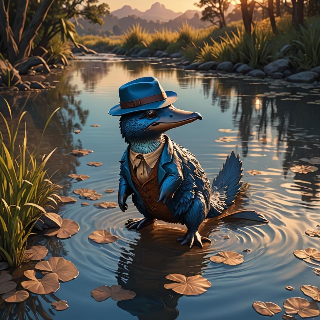 Anime Platypus in Fedora at Sunset