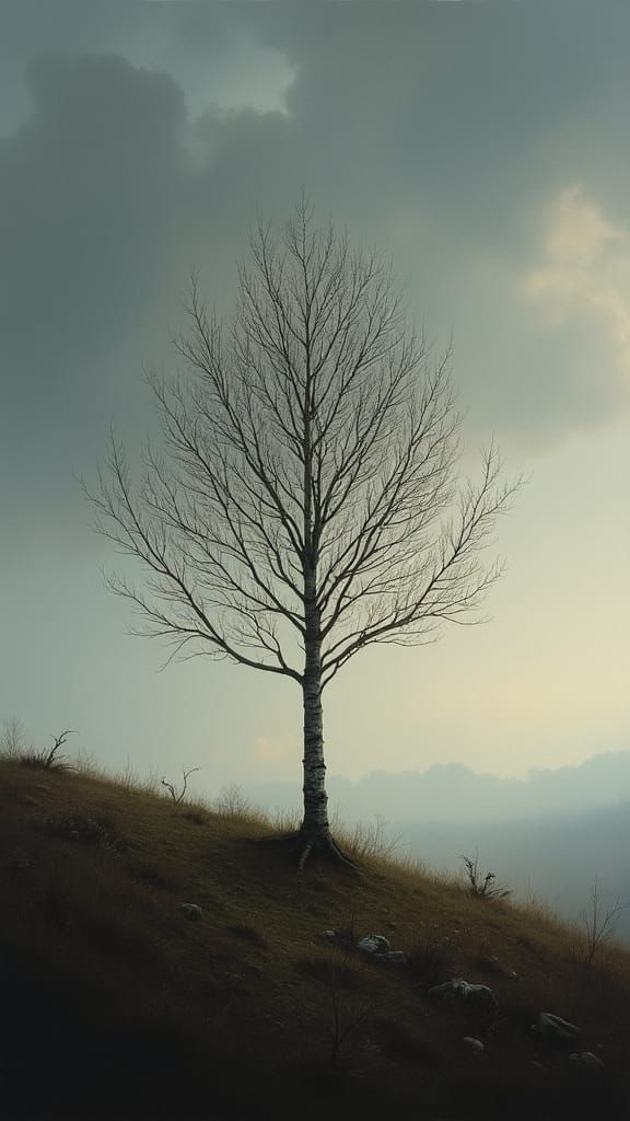 Solitary Birch Tree Painting in Romantic Style