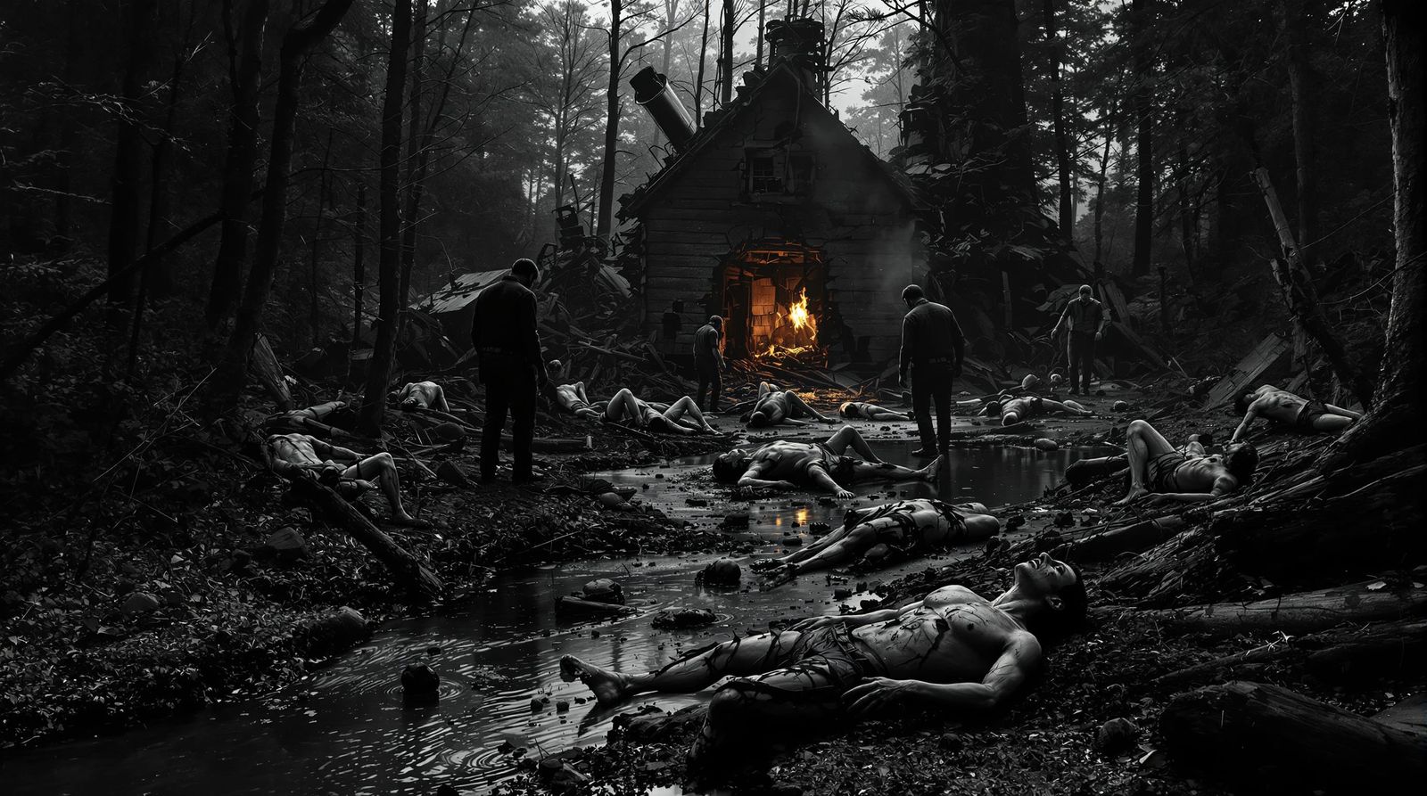 Moonshiners Amidst Exploded Whiskey Still Wreckage