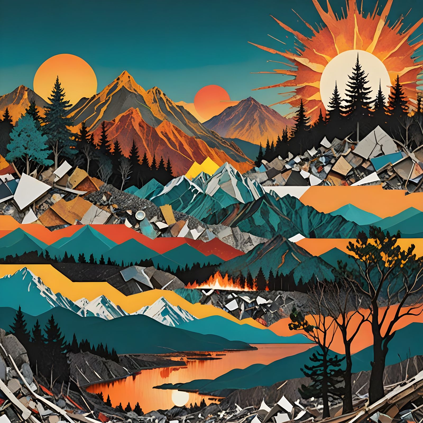 Panfuturist Collage of Mountains and Trees in Teal Landscape