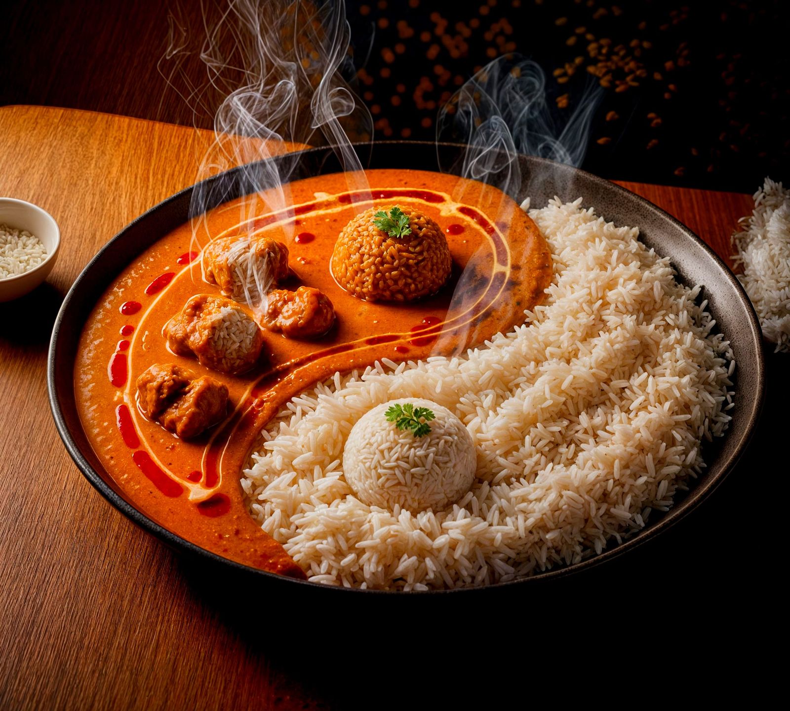 Ying Yang Symbol Artistically Crafted from Curry and Rice