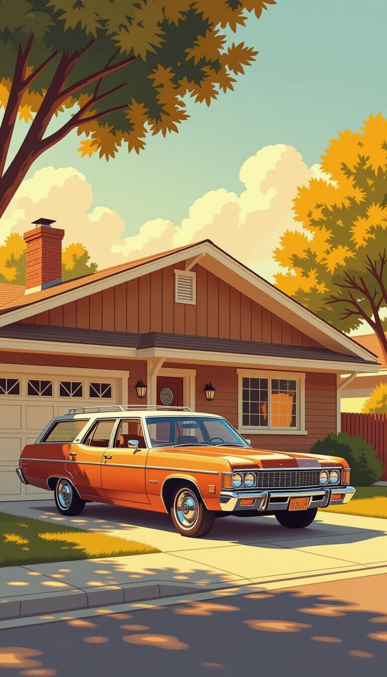 1970s Suburban House and Station Wagon in Golden Hour
