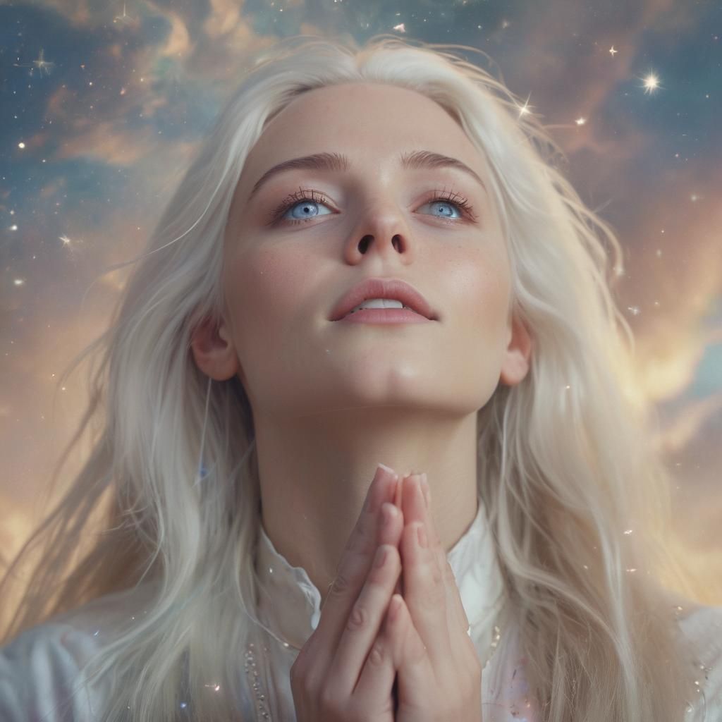 Ethereal Woman Praying in Dreamy Celestial Scene