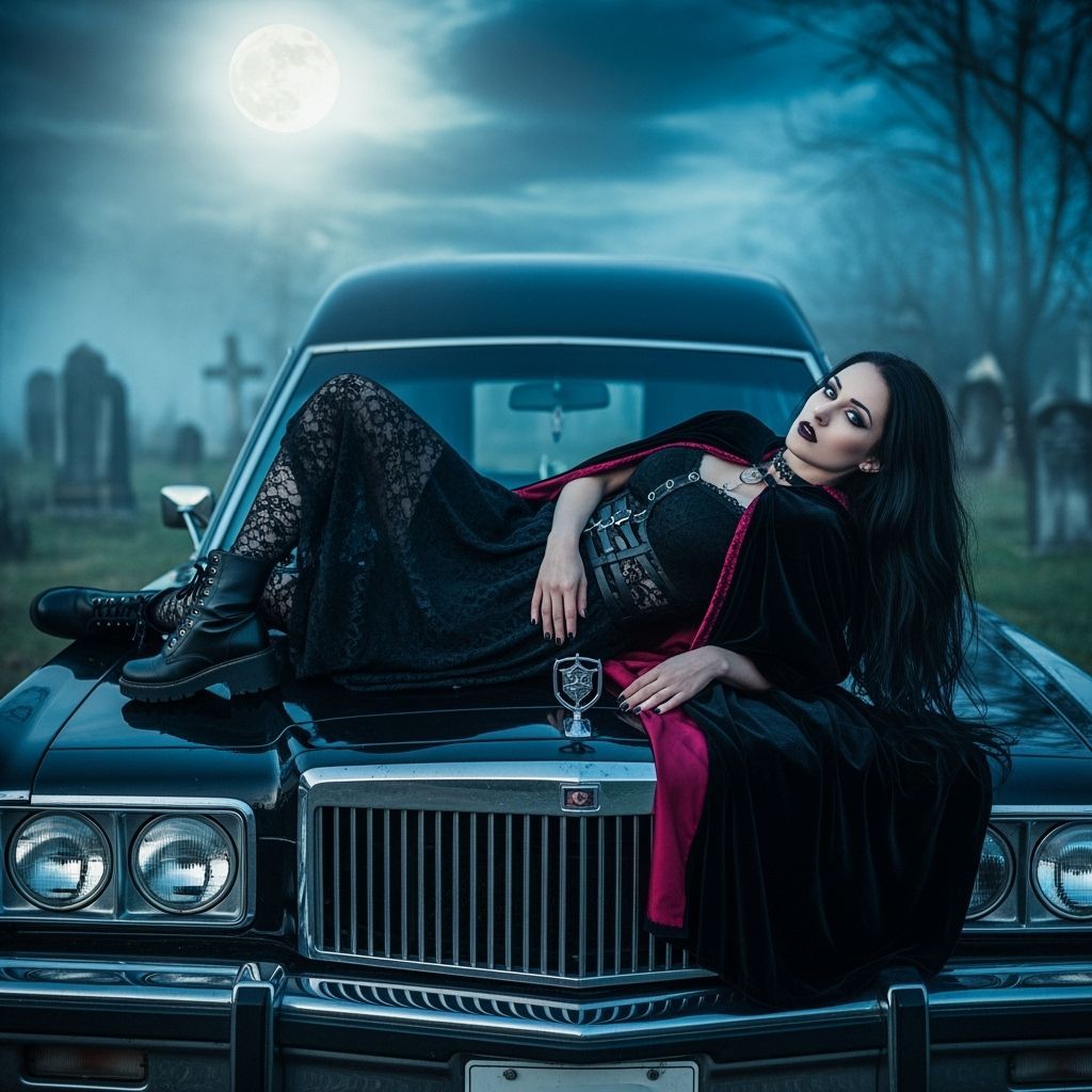 Goth Woman on Hearse in Misty Cemetery Moonlight