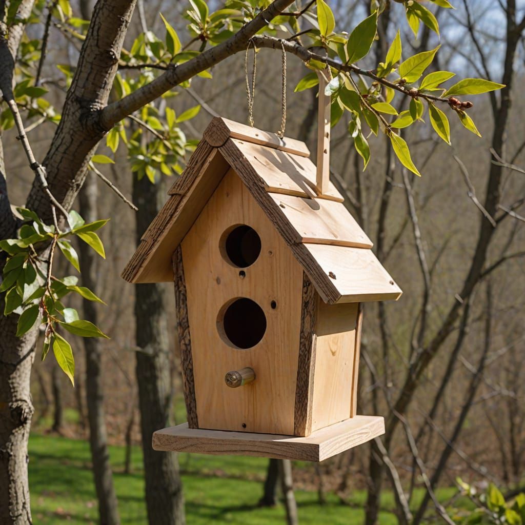Classic Wooden Birdhouse on Budding Branch