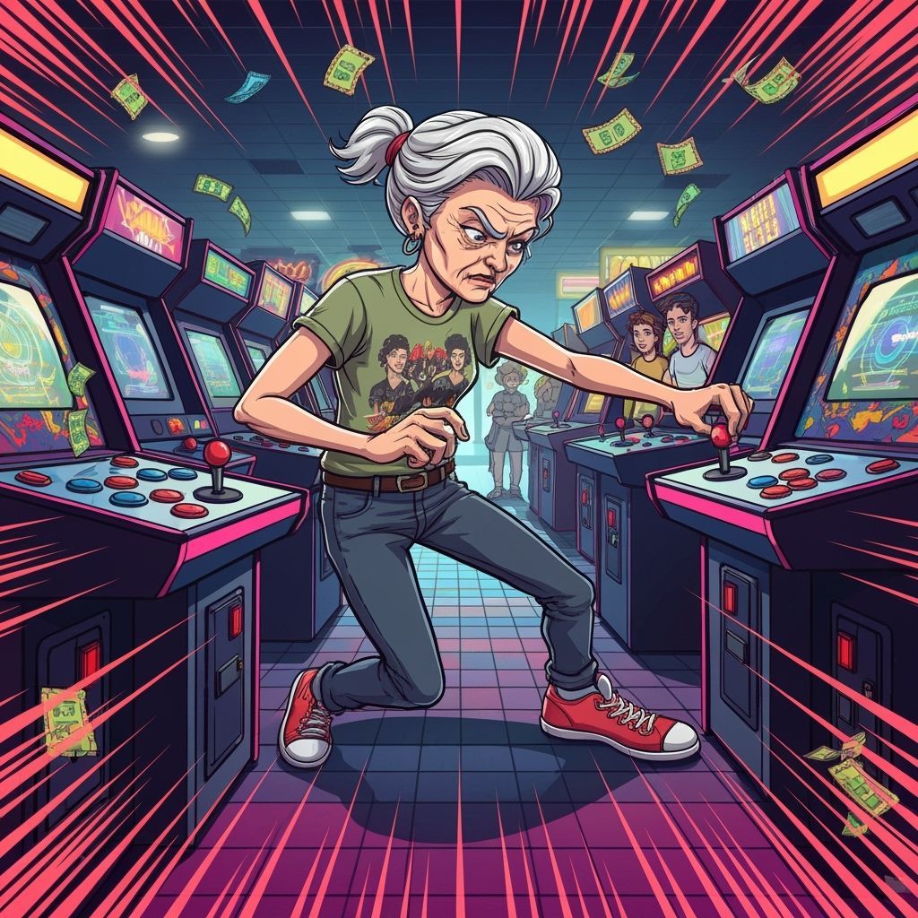 Electric Cartoon: Elderly Woman Dominates Arcade Game