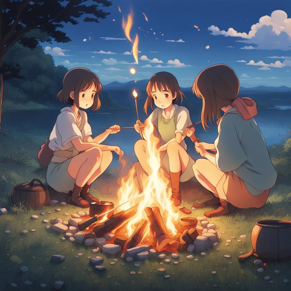 Girls Roasting Marshmallows in Anime Style
