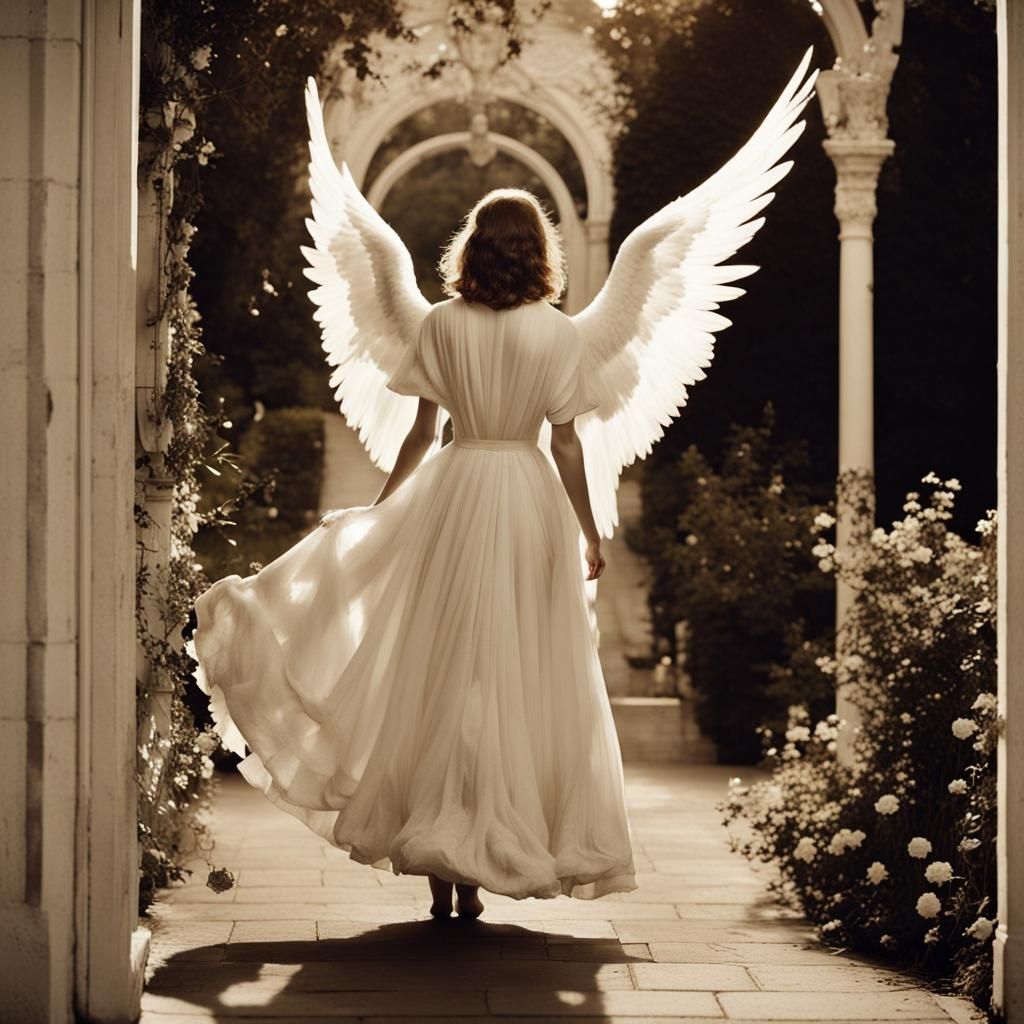 Surreal Garden with Doves and Symbolic Figures