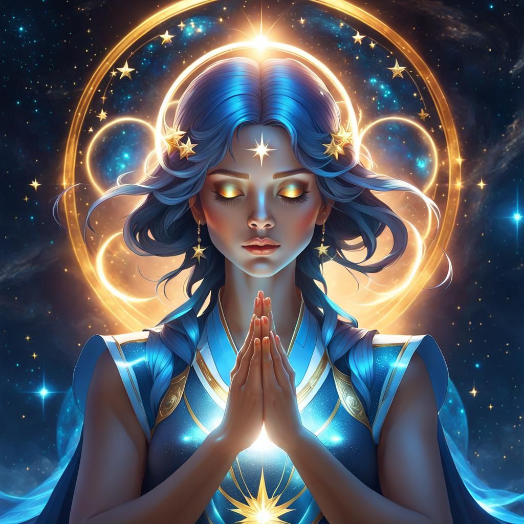 Celestial Woman in Prayer with Golden Eyes