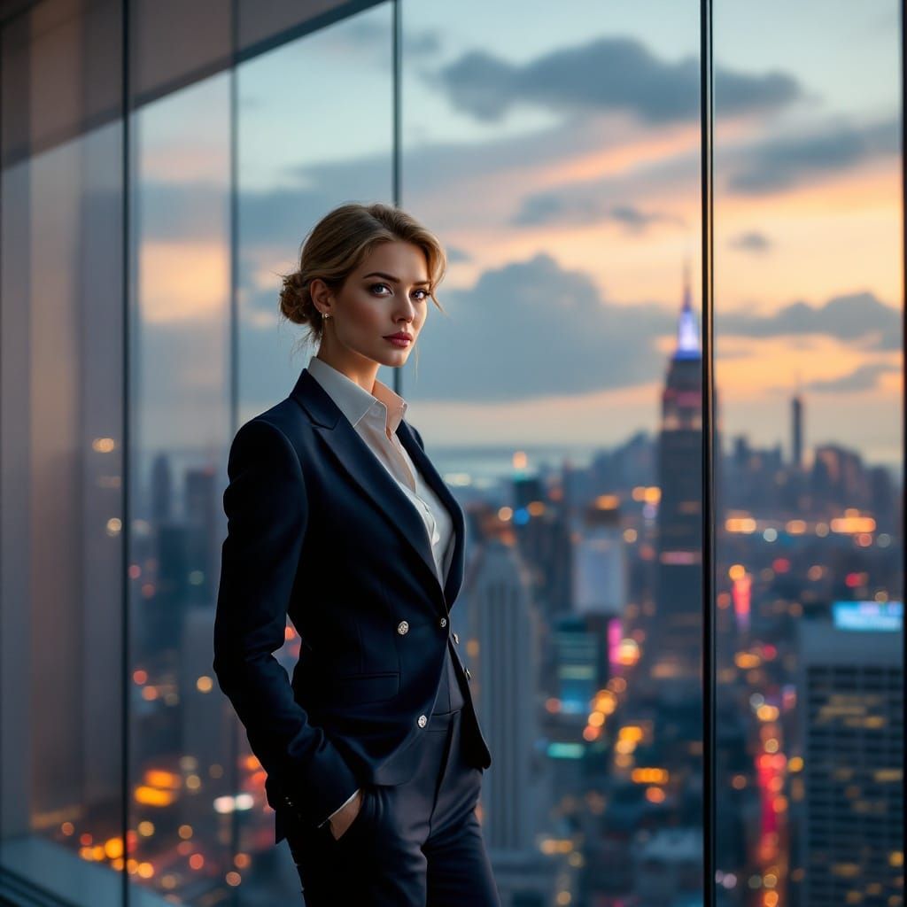 Confident Businesswoman in Modern Office Building with City...