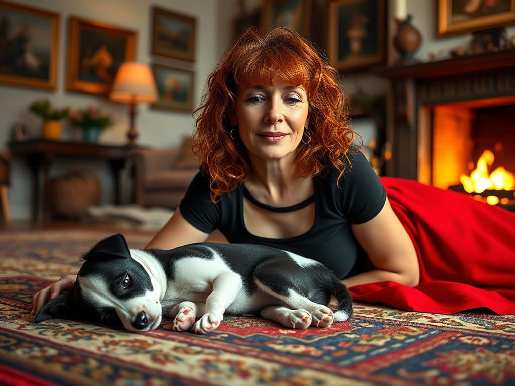 Warm Cozy Scene with Elegant Lady and Sleeping Puppy