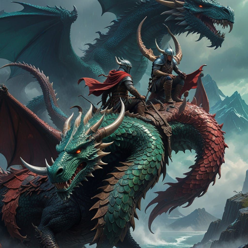 Viking Warrior Rides Triumphant Three-Headed Dragon