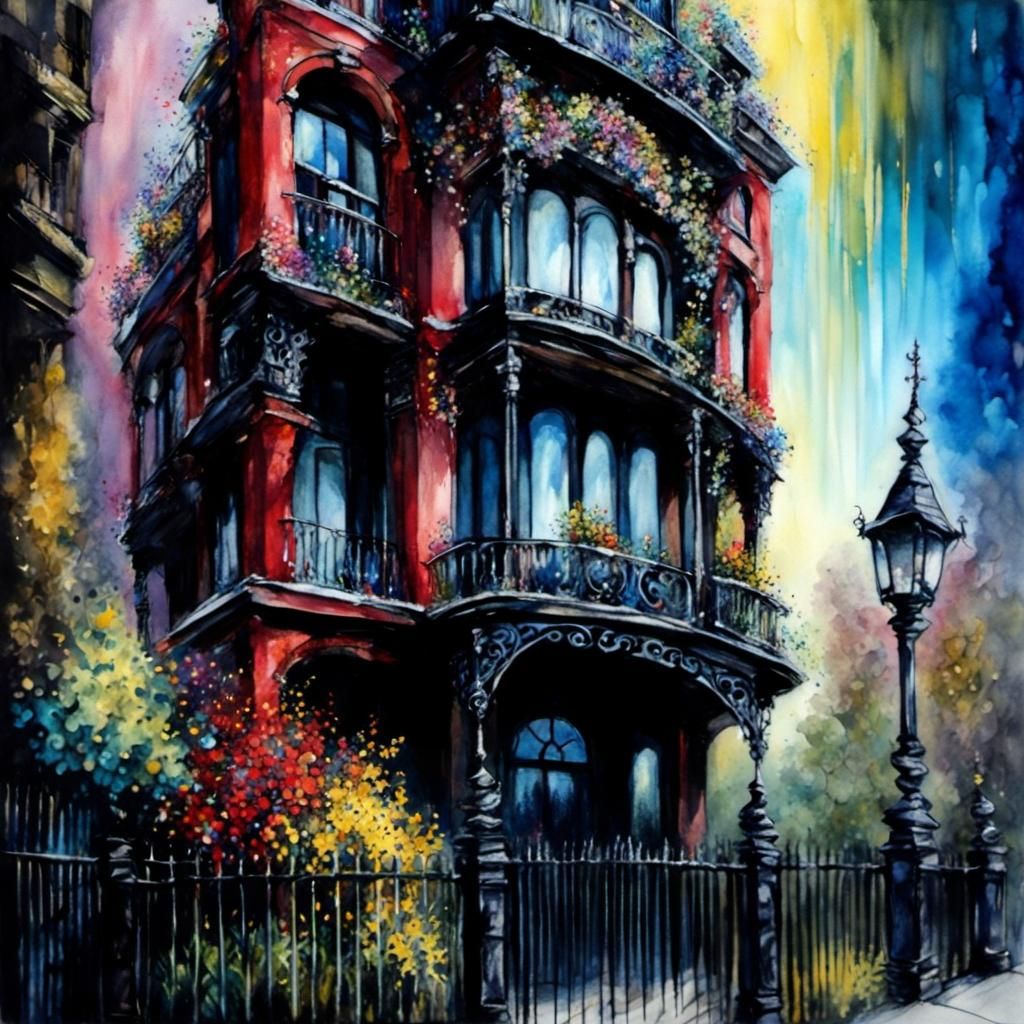 A large 3 section condo in the city, long balconies, large glass doors, the tall ornamental tower can be seen behind it....