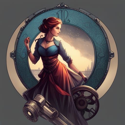 Clockpunk Woman with Gears and Flowers