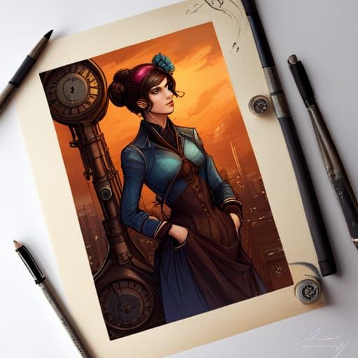 Clockpunk Woman with Gears and Flowers in Lithography Style