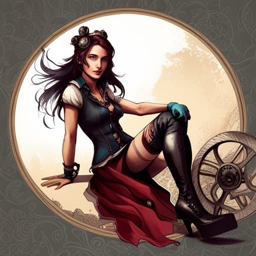 Clockpunk Woman with Gears and Sky City