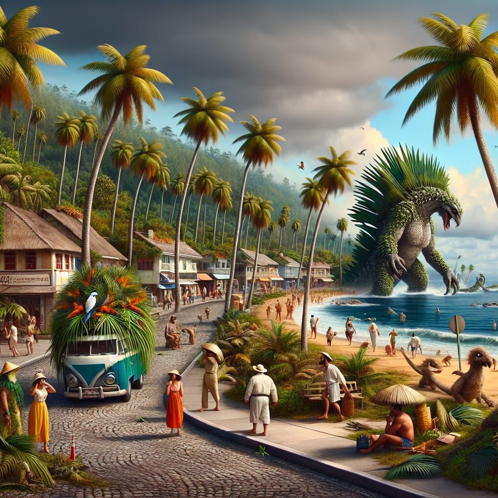 Whimsical Beach Scene with Palmzilla in Matte Painting