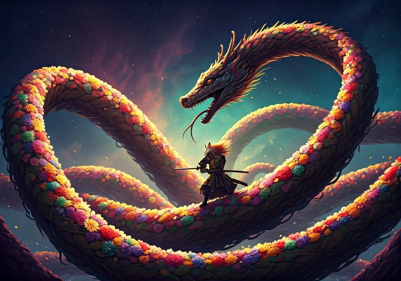 Flower Serpent Battles Golden Fox Samurai in Dreamlike Realm