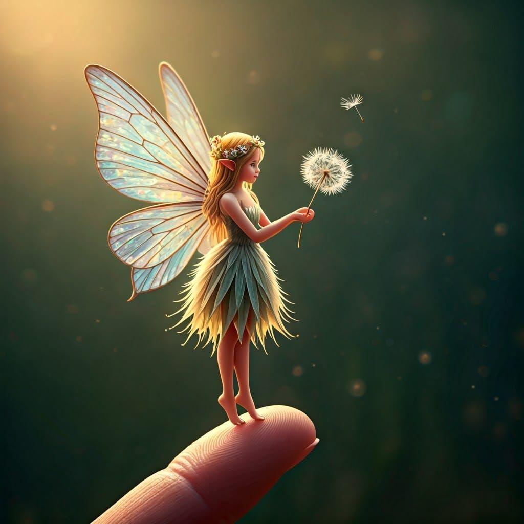 Luminous Fairy on Finger with Dandelion Seed