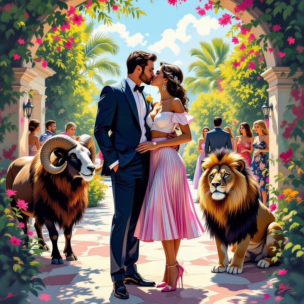 Man and Woman Kissing at Garden Party in Graffiti Splash Art...