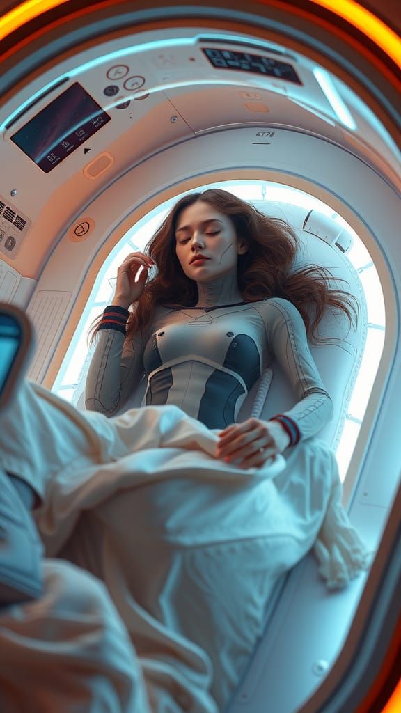 Transgalactic Journey: Woman Asleep in Futuristic Pod