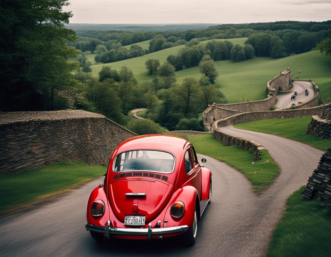 Vintage Red Beetle on Winding Mountain Road