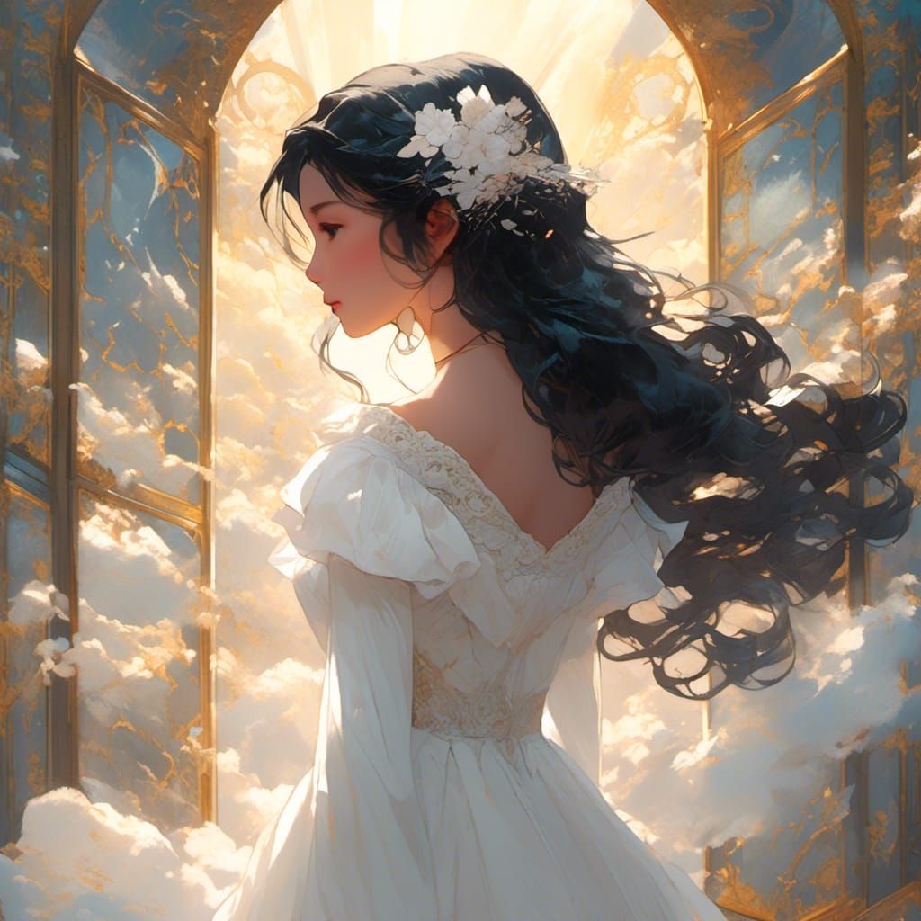 Teenage Girl Approaching Heavenly Gates in Divine Light