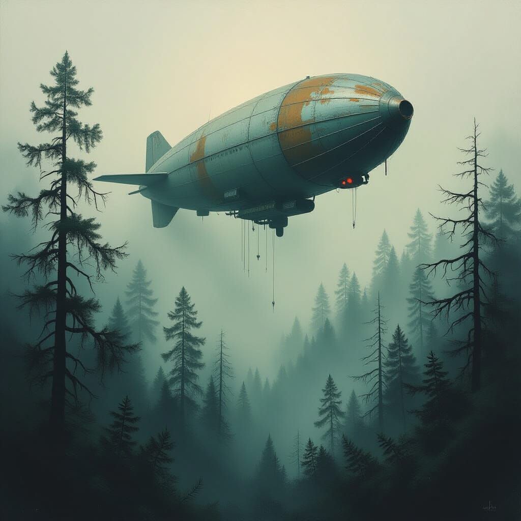 Vintage Dirigible Over Primeval Forest in Impasto Style