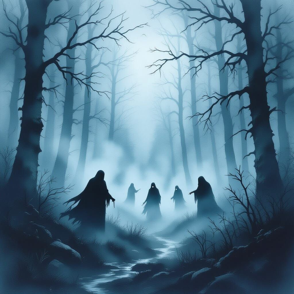 Spooky Watercolor Ghosts in a Foggy Forest