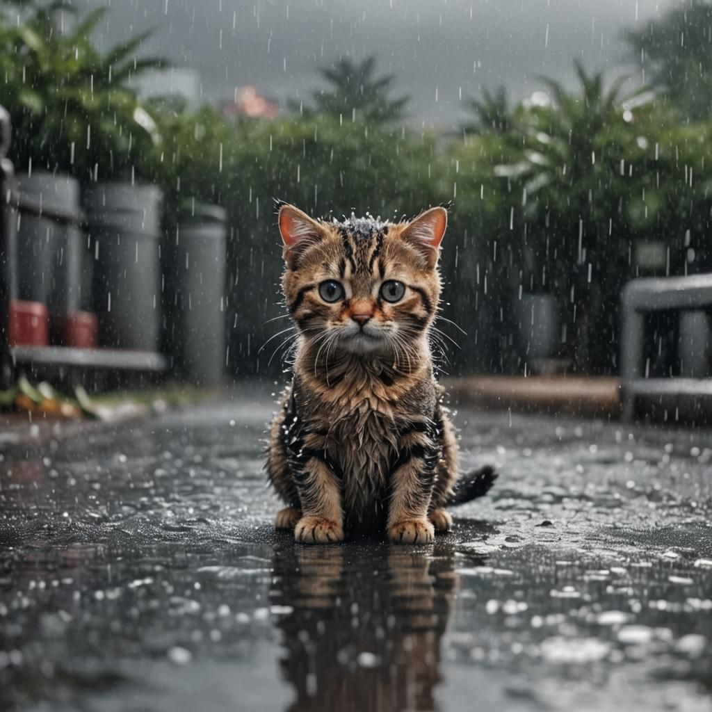 Hyperrealistic Rain Cat in Cinematic View