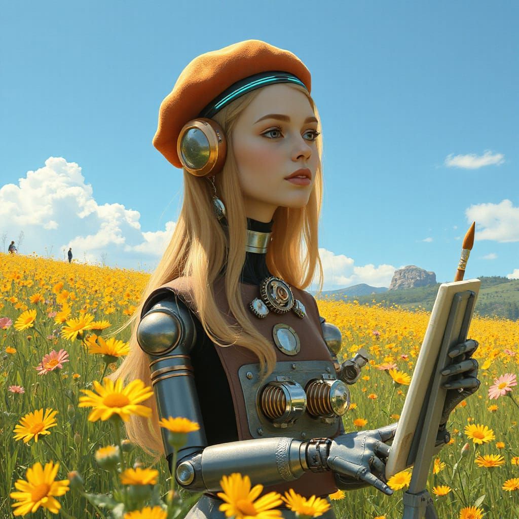 Robot Artist Paints Portrait in Retrofuturistic Style