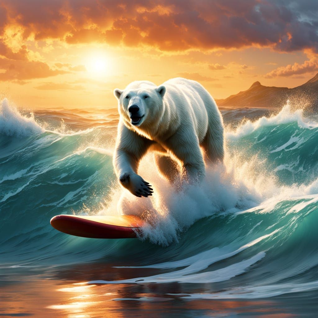 Joyful Polar Bear Surfs Epic Sunset Waves
