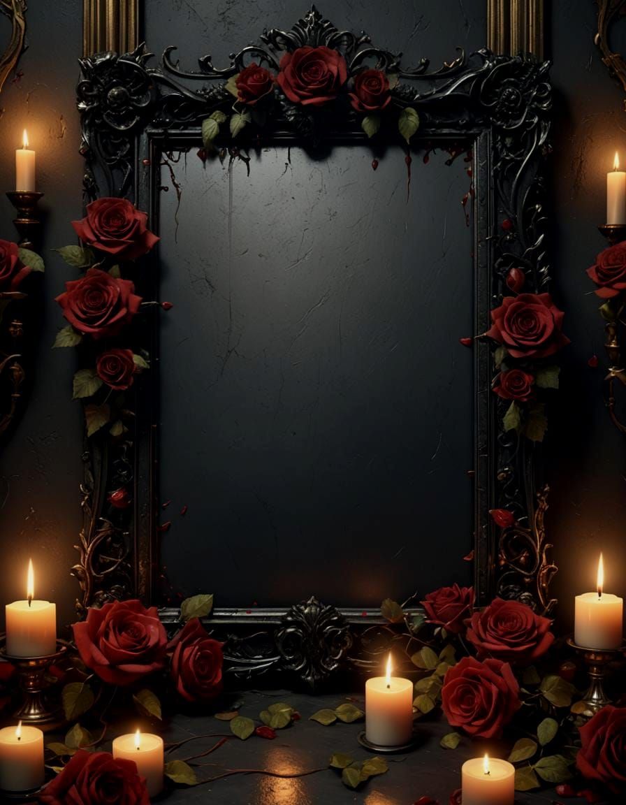 Gothic Frame with Red Roses, Dark Fantasy Art