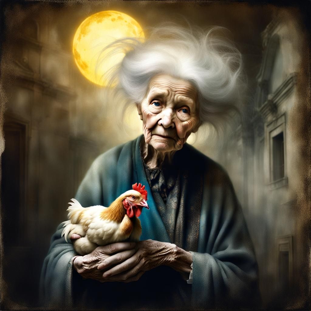 Old Woman Holding Chicken in Sunlight