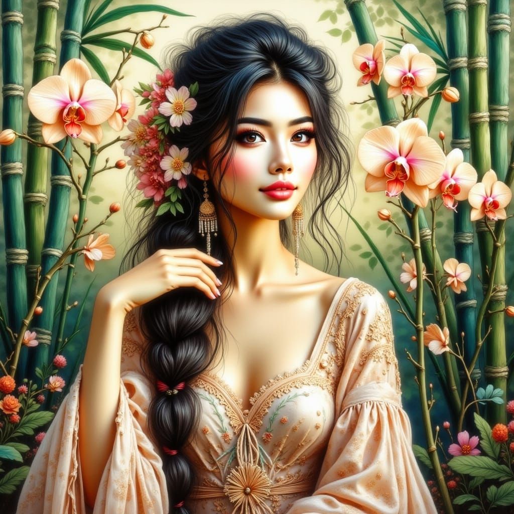 Elegant Vietnamese Woman in Traditional Watercolor Style